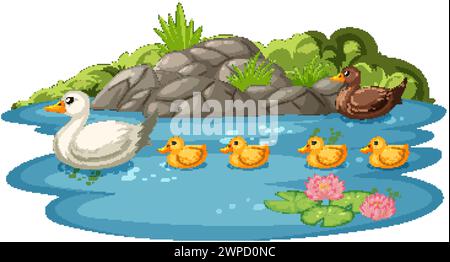 Vector illustration of ducks swimming in a pond Stock Vector