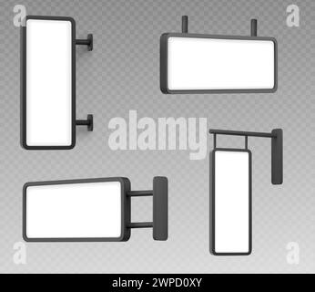 3d set of signboard mockups isolated on transparent background. Vector realistic illustration of rectangular wall lightboards, blank white screen in black metal or plastic frame, outdoor advertising Stock Vector