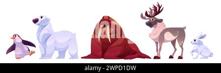 Polar animals set isolated on white background. Vector cartoon illustration of penguin, arctic bear, walrus, reindeer, hare, collection of wildlife characters for zoo design, wild nature inhabitants Stock Vector