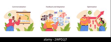 Innovation cycle set. Generation of a creative idea or business solution. Start up or new project development. Data analysis, prototyping and testing. Flat vector illustration Stock Vector