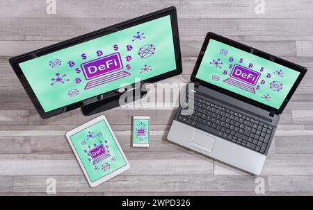 Defi concept shown on different information technology devices Stock Photo