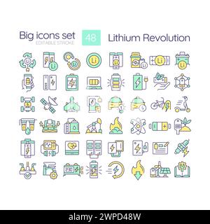 Lithium revolution RGB color icons set Stock Vector