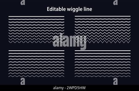 Editable wiggle lines. Set of wavy curves and zigzag intersecting horizontal strokes. Transition from a straight line to a wavy one. Geometric design Stock Vector