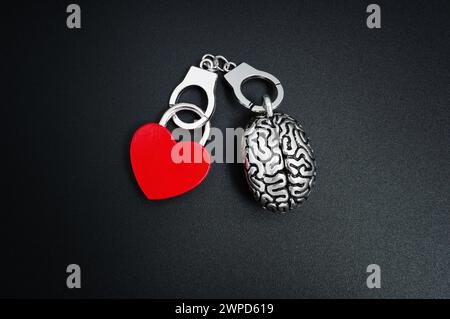 Intellect and emotion fusion: Lifelike model of the human brain and a heart-shaped lock are harmoniously connected by tiny shackles on black. Stock Photo