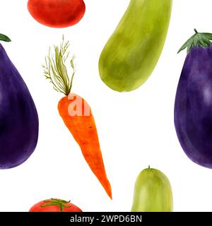 Vegetable seamless pattern in watercolor, hand drawn. Eggplant, tomato, zucchini, carrots. For kitchen textiles, wallpaper, menu, packaging design Stock Photo