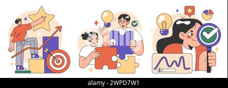 Training workshop set. Interactive training process. Professional development. Increasing of business competences and skills. Flat vector illustration Stock Vector