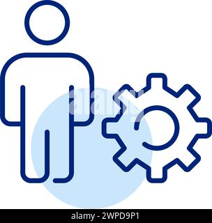 Digital engineering. Technical professional. Person and cogwheel symbolizing power solving skills and expertise. Pixel perfect, editable stroke vector Stock Vector
