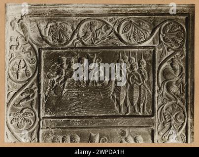 Bordic relief fragments in Gniezno Basilica showing the Virgin Mary's Assumption and the arrival of Saint Wojciech to Prussia, dated before 1930. Stock Photo