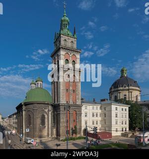 The Dormition Church in Lviv, or The Assumption Church, earlier Wallachian Church, and Korniakt Tower, Lviv Stock Photo