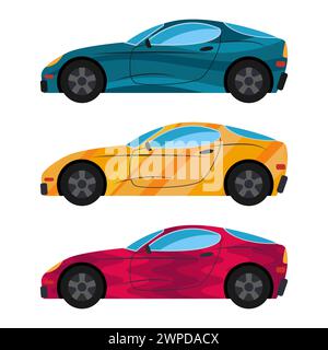 A set of three cars painted in different colors. Vector illustration Stock Vector