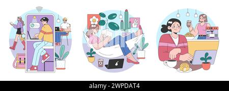 Digital Lifestyle set. Individuals enjoying leisure activities. From online chatting, peaceful reading, to coffee breaks. Connectivity and relaxation in modern life. Flat vector illustration Stock Vector