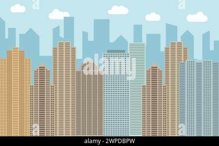 Vector urban landscape illustration. Street view with cityscape, skyscrapers and modern buildings at sunny day. City space in flat style background co Stock Vector