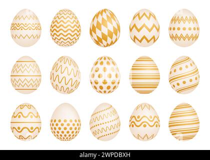 Set of Fifteen Easter eggs with gold texture on a white background. Vector illustration Stock Vector
