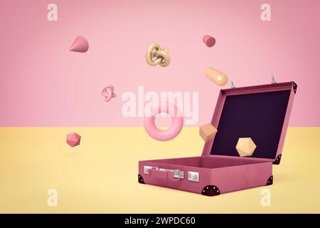 3d rendering of open suitcase with random objects on yellow pink background Stock Photo