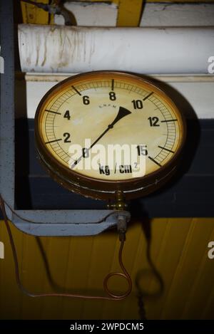 Medemblik, Netherlands. February 28, 2024. Elements and gauges of an old steam engine. High quality photo Stock Photo