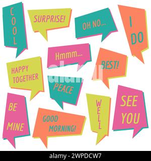 Set of speech bubbles on a white background with different inscriptions in the middle. Speech bubbles with short phrases. Vector illustration. Stock Vector