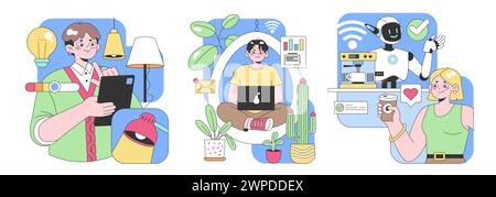 Modern Lifestyle set. People using gadgets in daily routine, interacting with robots. Smart home technologies, online communication, artificial intelligence assistance. Flat vector illustration Stock Vector