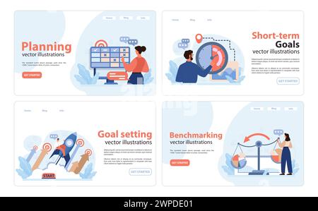 Business Strategy Set. In-depth planning visualization, target goal achievement, short-term objectives, and performance assessment methods. Coordinated teamwork, project optimization. Flat vector Stock Vector