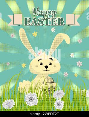 Happy Easter poster eggs hunt, white cute bunny with color eggs Stock Vector