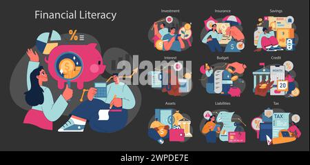 Vibrant vector illustration highlighting financial literacy. Diverse individuals navigate key financial concepts from savings to taxes. Delve into finance with this vivid depiction. Stock Vector
