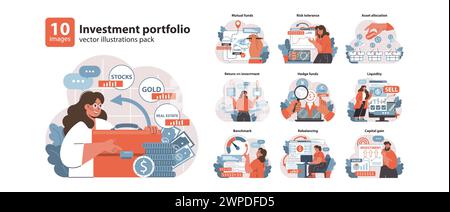 Investment portfolio set. Diverse strategies in finance and asset management. Stocks, gold, real estate choices. Return on investment, hedge funds dynamics. Flat vector illustration. Stock Vector