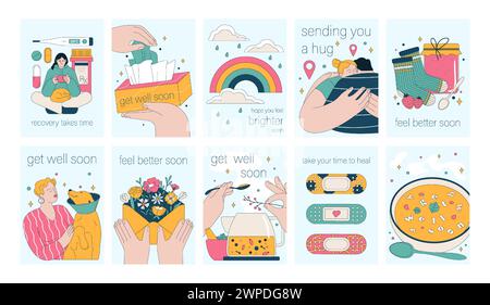 Get well soon card set. Positive and motivational poster with greeting ...
