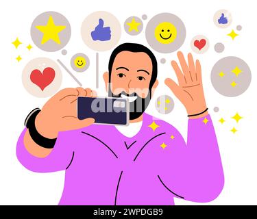 Positive feedback to post in social media. Person enjoying likes, thumb-ups, hearts, smiling emojis in internet. Happy man with mobile phone. Vector Stock Vector