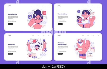 Wearable technology web banner or landing page set. Character using electronic smart device to monitor, analyze and transmit personal data. Smartwatches or smartglasses. Flat vector illustration Stock Vector