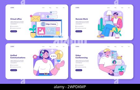 Digital Work Solutions set. Online tools for productive tasks. Virtual office, remote work, unified communications, video conferencing. Flat vector illustration Stock Vector