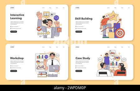 Training workshop web banner or landing page set. Interactive training process. Professional development. Increasing of business competences and skills. Flat vector illustration Stock Vector