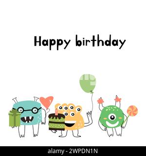 Celebration birthday cute monster background - card. Vector illustration of cute doodle characters for greeting card. Stock Vector