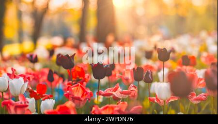 Beautiful colorful tulips on blurred spring sunny nature landscape. Bright blooming tulips flower panorama for spring nature love concept. Romantic Stock Photo