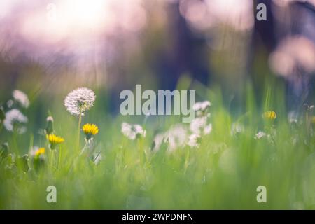 Abstract autumn background with colorful sunset and sun rays for relaxing mood. Green grass and a dandelion Stock Photo