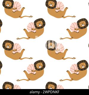 cute wild tropical animal lion playing with ball seamless pattern. Vector illustration with lion wild jungle animal, pink ball. Stock Vector