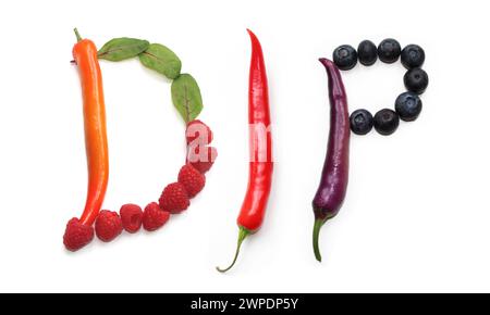 word DIP from purple red orange chili peppers, berries, raspberry, blueberry, green salad lettuce leaves dip letter for text word, poster, banner sign Stock Photo