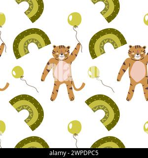 Seamless pattern with cute tiger and baloon, rainbow childish. Vector illustration isolated. Can used for textile, fabric design, posters, wrapping pa Stock Vector