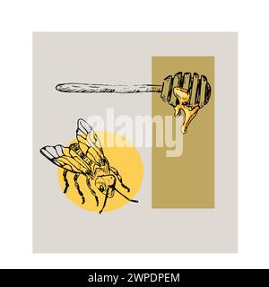 Honey bee and honey sketch abstract poster. Vector illustration can used for wrapping paper, label, poster, cards. Engraved or ink vector honey illust Stock Vector
