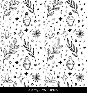 Seamless vector pattern. bottle with potion, leaves, lotus flower and starts, hearts, dots. Black outline vector illustration from isolated objects Stock Vector