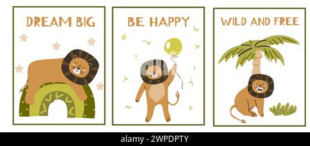 Set of cute scandinavian posters with lion baby animal for interior. Vector illustration can used for boys cards and posters. Stock Vector