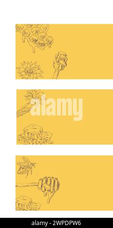 Hand drawn sketch of honey labels. Vector illustration can used for wrapping paper, textile, food label, print for organic honey products. Stock Vector