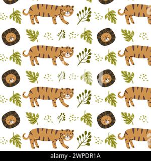 Seamless pattern with cute wild africa animals and heads childish. Vector illustration tiger and lion. Can used for textile, fabric design, posters, w Stock Vector