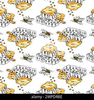 Honey bee and comb hand drawn sketch pattern retro. Vector illustration can used for wrapping paper, label, poster, cards. Engraved or ink vector hone Stock Vector