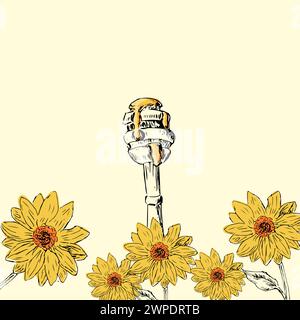 Honey background with sunflower hand drawn sketch in color. Vector illustration can used for wrapping paper, label, poster, cards. Engraved or ink vec Stock Vector