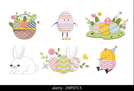 Bunny paschal eggs line cartoon flat illustrations set Stock Vector