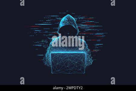 Abstract polygonal hacker with laptop on technology dark background.  Stock Vector