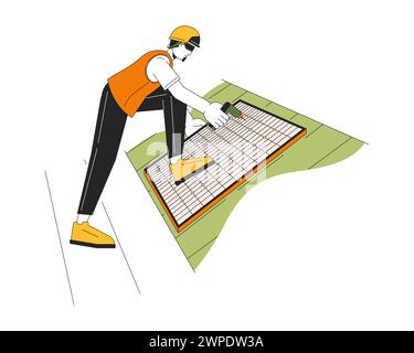 Solar panels installation on roof line cartoon flat illustration Stock Vector