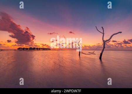 Beautiful bright sunset on a tropical paradise beach. Abstract long exposure water and sky, tree branches with swing or hammock. Amazing lagoon island Stock Photo