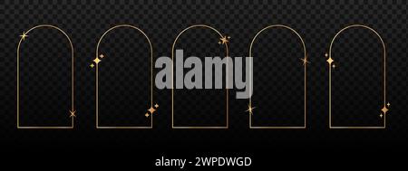Aesthetic golden arch shapes with twinkles and sparkles icons. Set of gold boho arc frames. Decorative elements in trendy 80s 90s cosmic style. Vintage vignettes. Vector illustration. Stock Vector