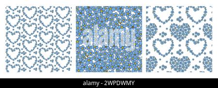 Forget me not wild little blue flower seamless pattern set for surface design. Hand drawn floral vector spring background, for textile design, scrapbo Stock Vector