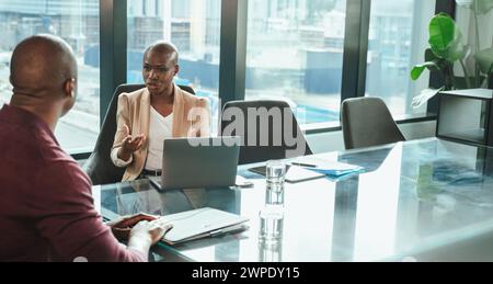 Two professionals, a black mature woman and a colleague, collaborate and discuss a project in an office. They work together on a computer, showcasing Stock Photo